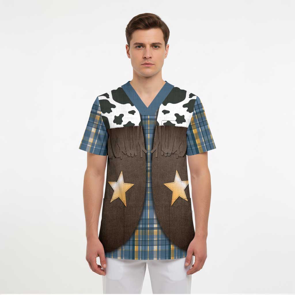 Cowboy Vest Costume Scrub Top Blue Yellow Plaid Pattern - Wonder Print Shop