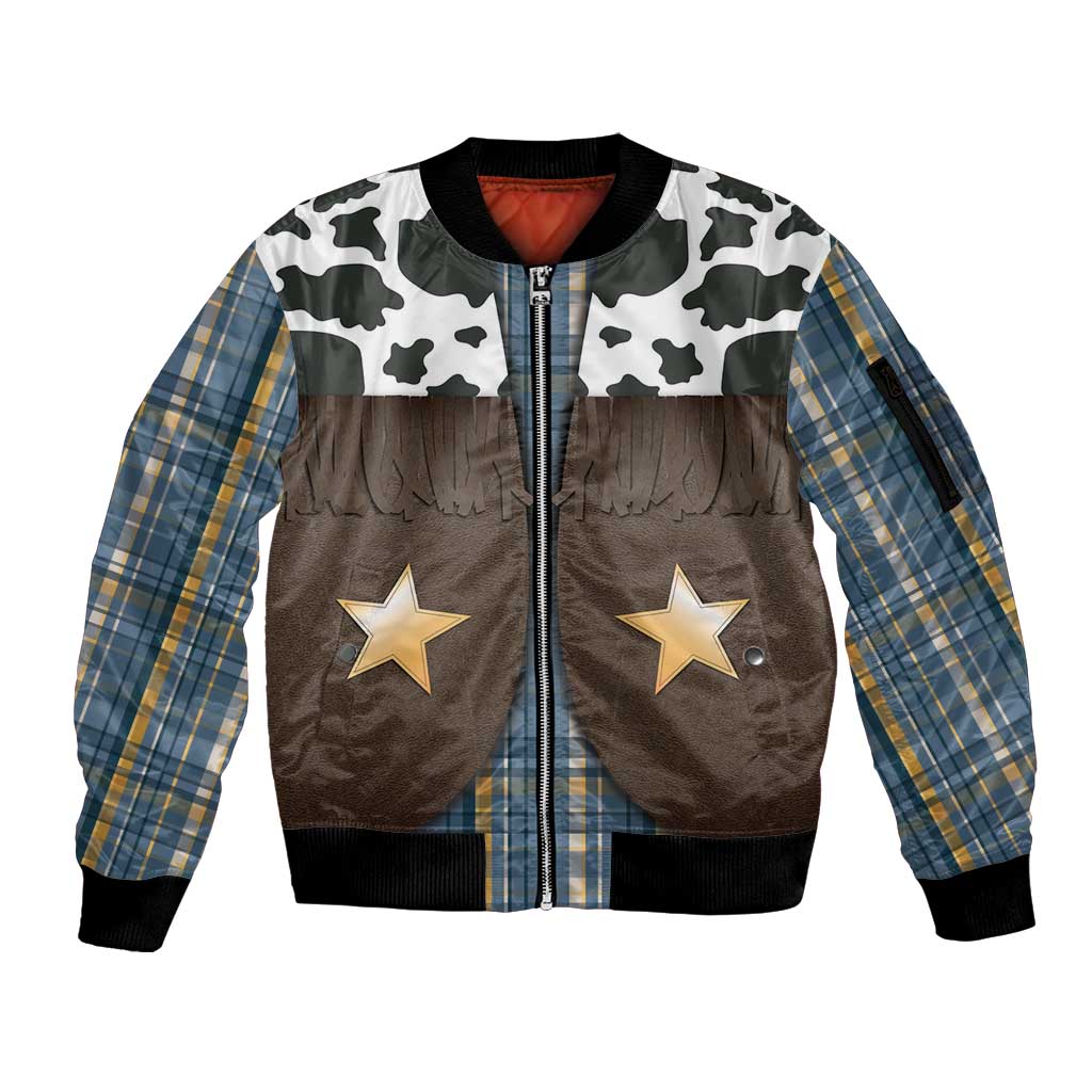 Cowboy Vest Costume Sleeve Zip Bomber Jacket Blue Yellow Plaid Pattern - Wonder Print Shop