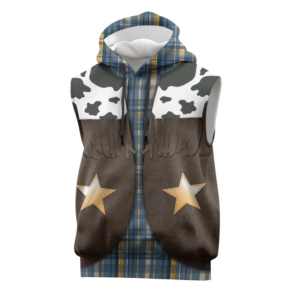 Cowboy Vest Costume Sleeveless Hoodie Blue Yellow Plaid Pattern - Wonder Print Shop