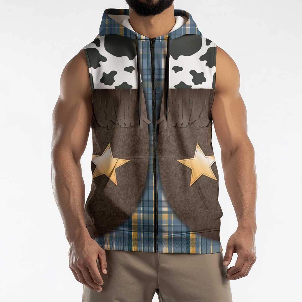 Cowboy Vest Costume Sleeveless Zip Hoodie Blue Yellow Plaid Pattern - Wonder Print Shop