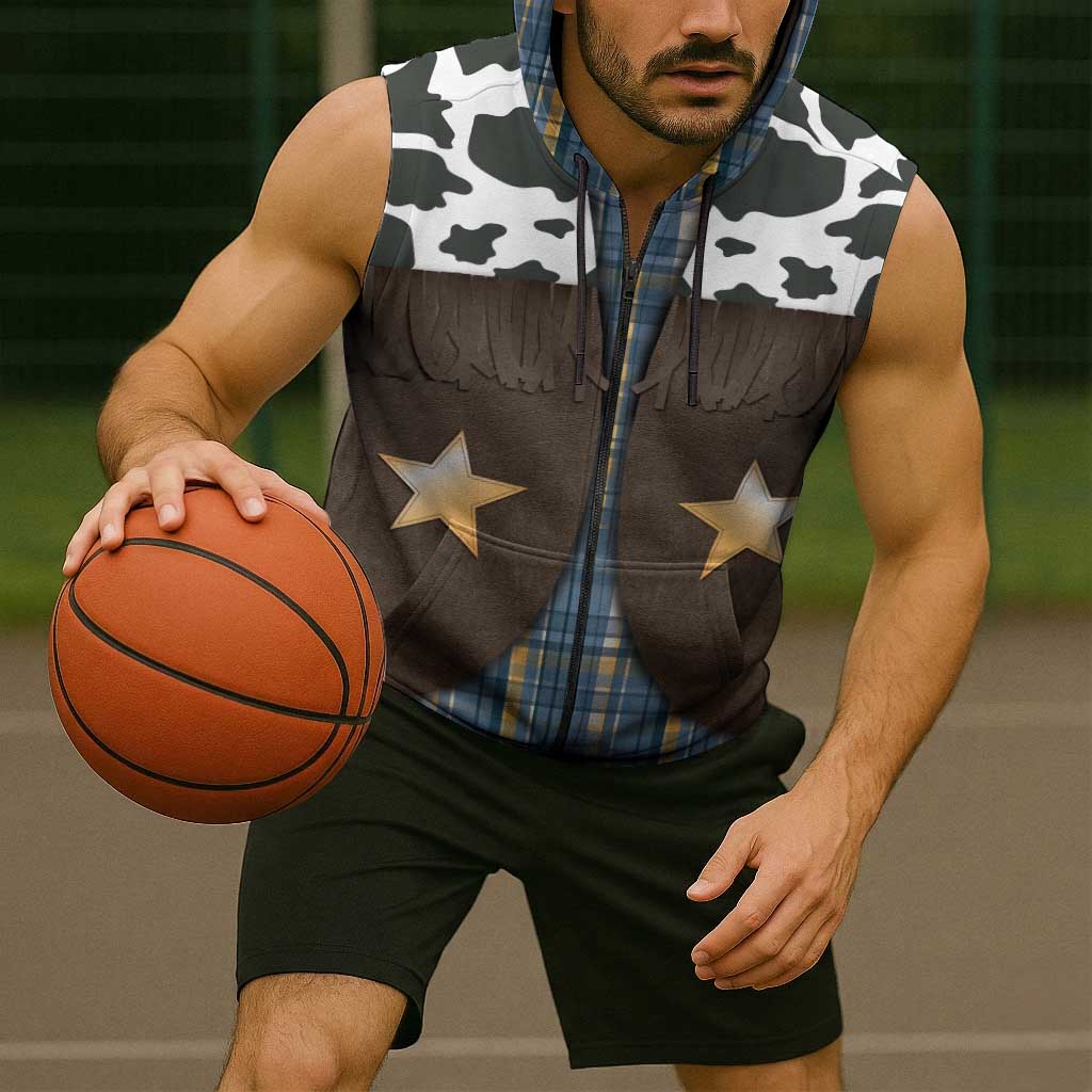 Cowboy Vest Costume Sleeveless Zip Hoodie Blue Yellow Plaid Pattern - Wonder Print Shop