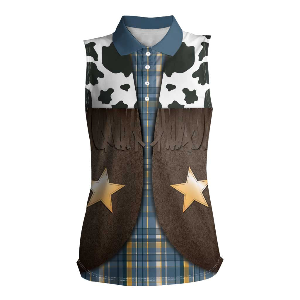 Cowboy Vest Costume Women Sleeveless Polo Shirt Blue Yellow Plaid Pattern - Wonder Print Shop