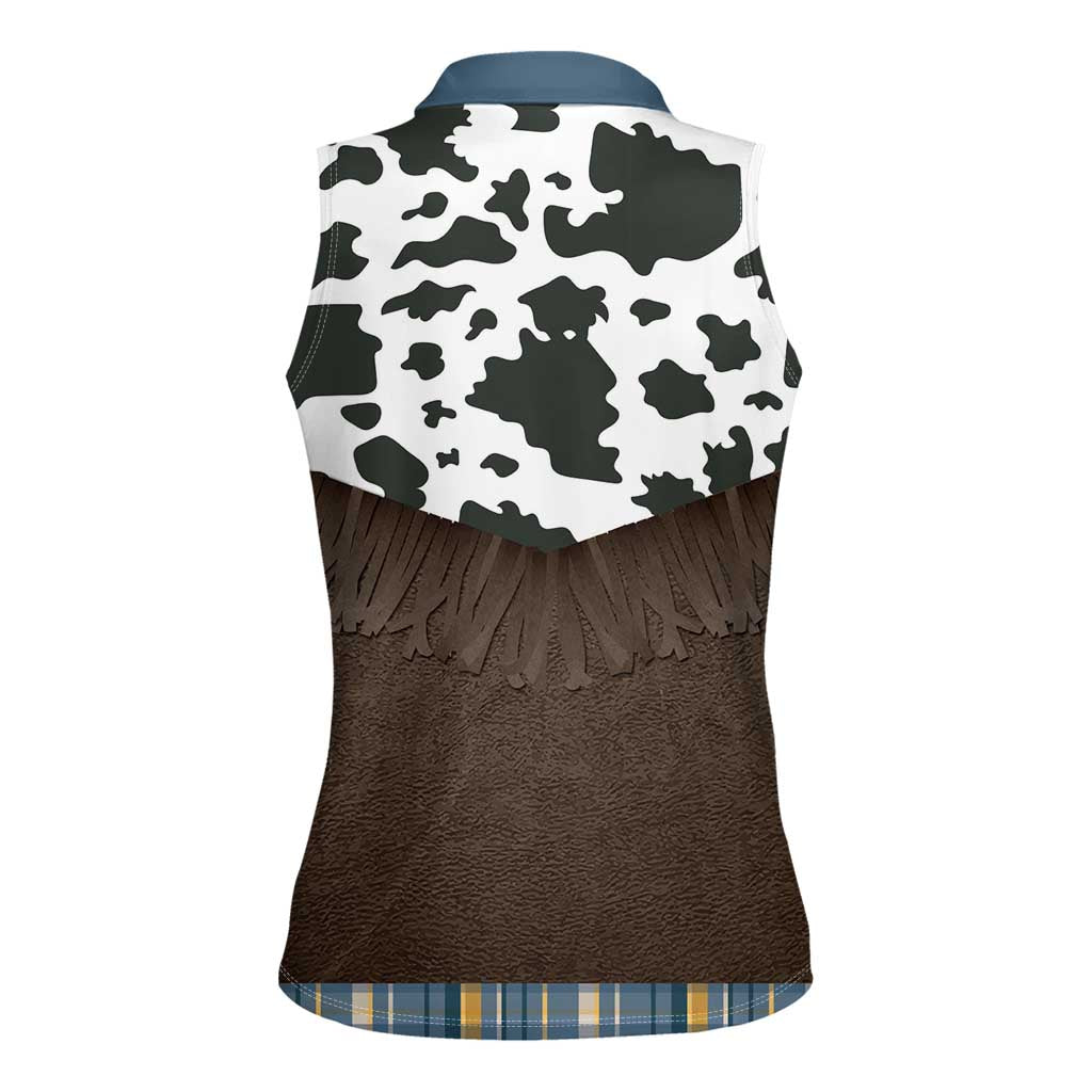 Cowboy Vest Costume Women Sleeveless Polo Shirt Blue Yellow Plaid Pattern - Wonder Print Shop