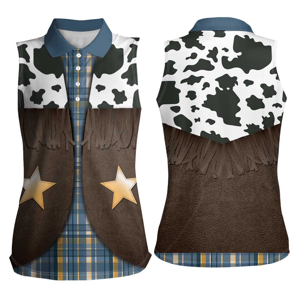 Cowboy Vest Costume Women Sleeveless Polo Shirt Blue Yellow Plaid Pattern - Wonder Print Shop