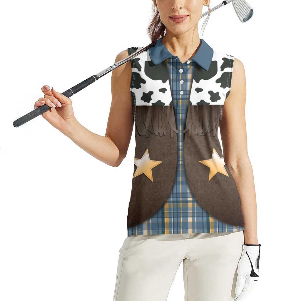 Cowboy Vest Costume Women Sleeveless Polo Shirt Blue Yellow Plaid Pattern - Wonder Print Shop