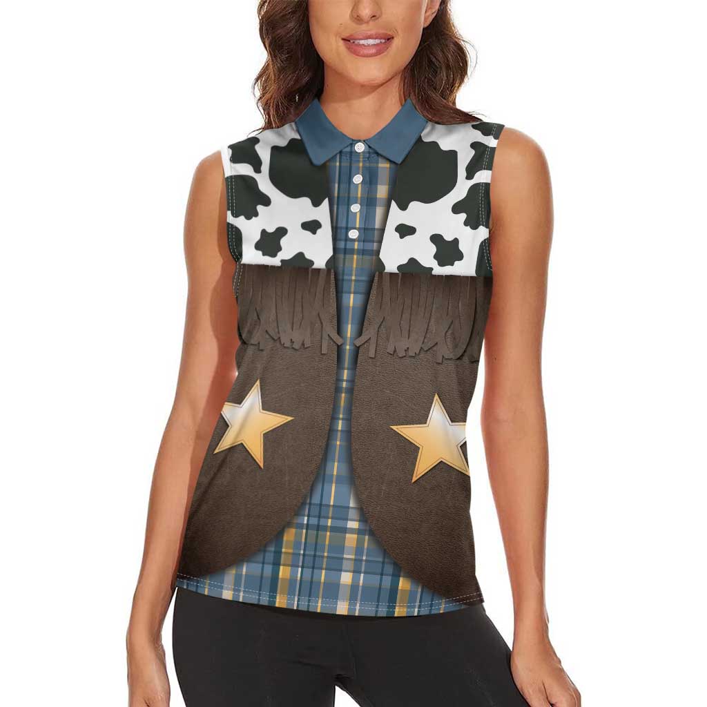 Cowboy Vest Costume Women Sleeveless Polo Shirt Blue Yellow Plaid Pattern - Wonder Print Shop