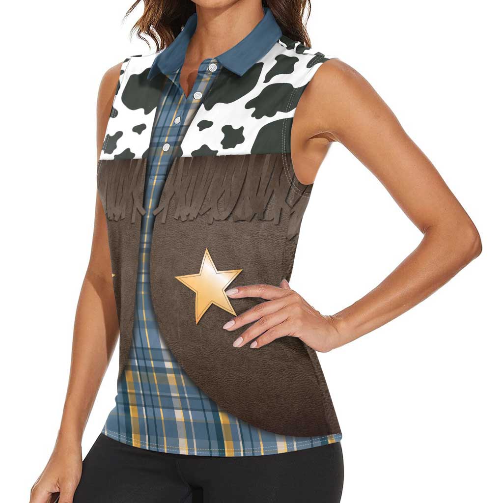 Cowboy Vest Costume Women Sleeveless Polo Shirt Blue Yellow Plaid Pattern - Wonder Print Shop