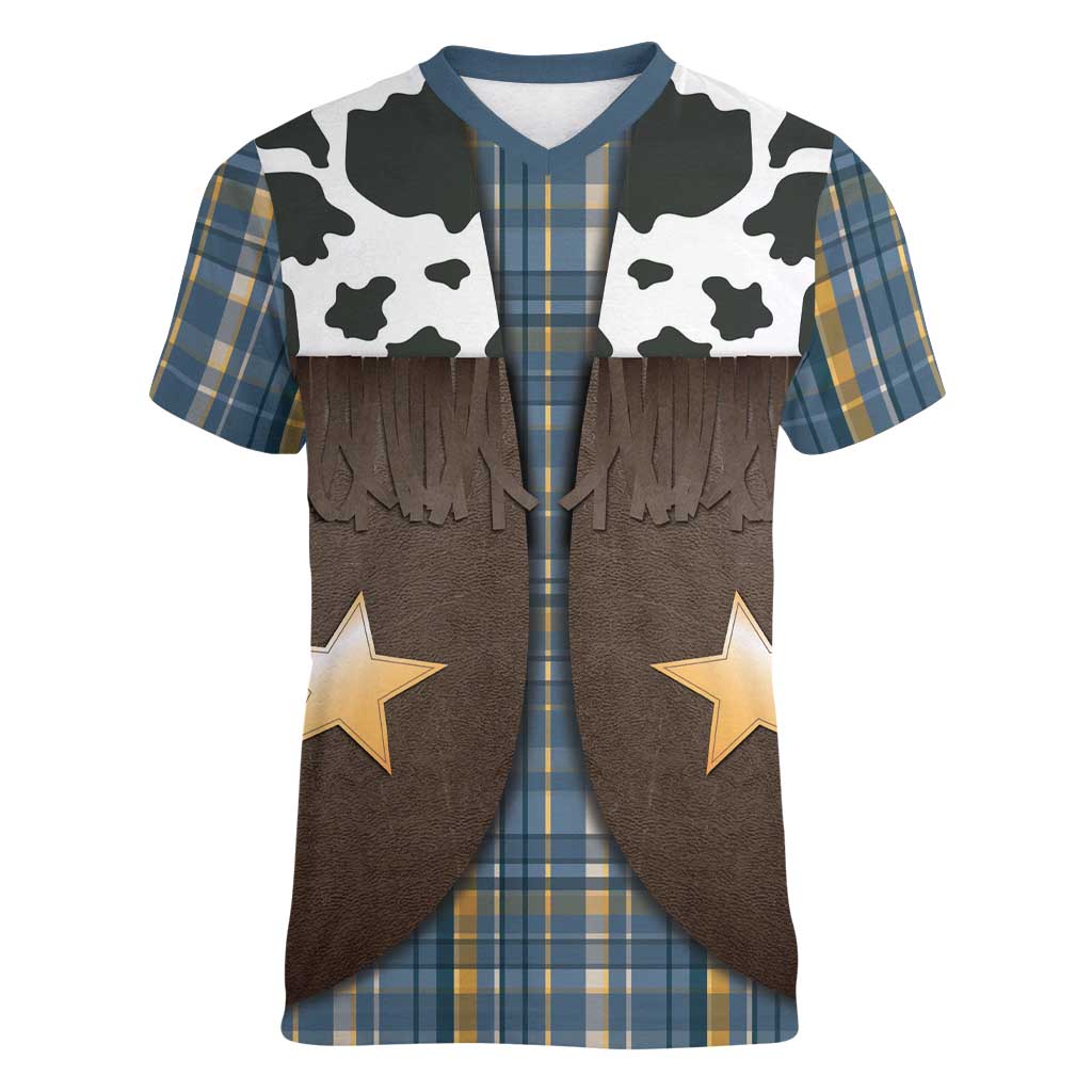 Cowboy Vest Costume Women V-Neck T-Shirt Blue Yellow Plaid Pattern - Wonder Print Shop