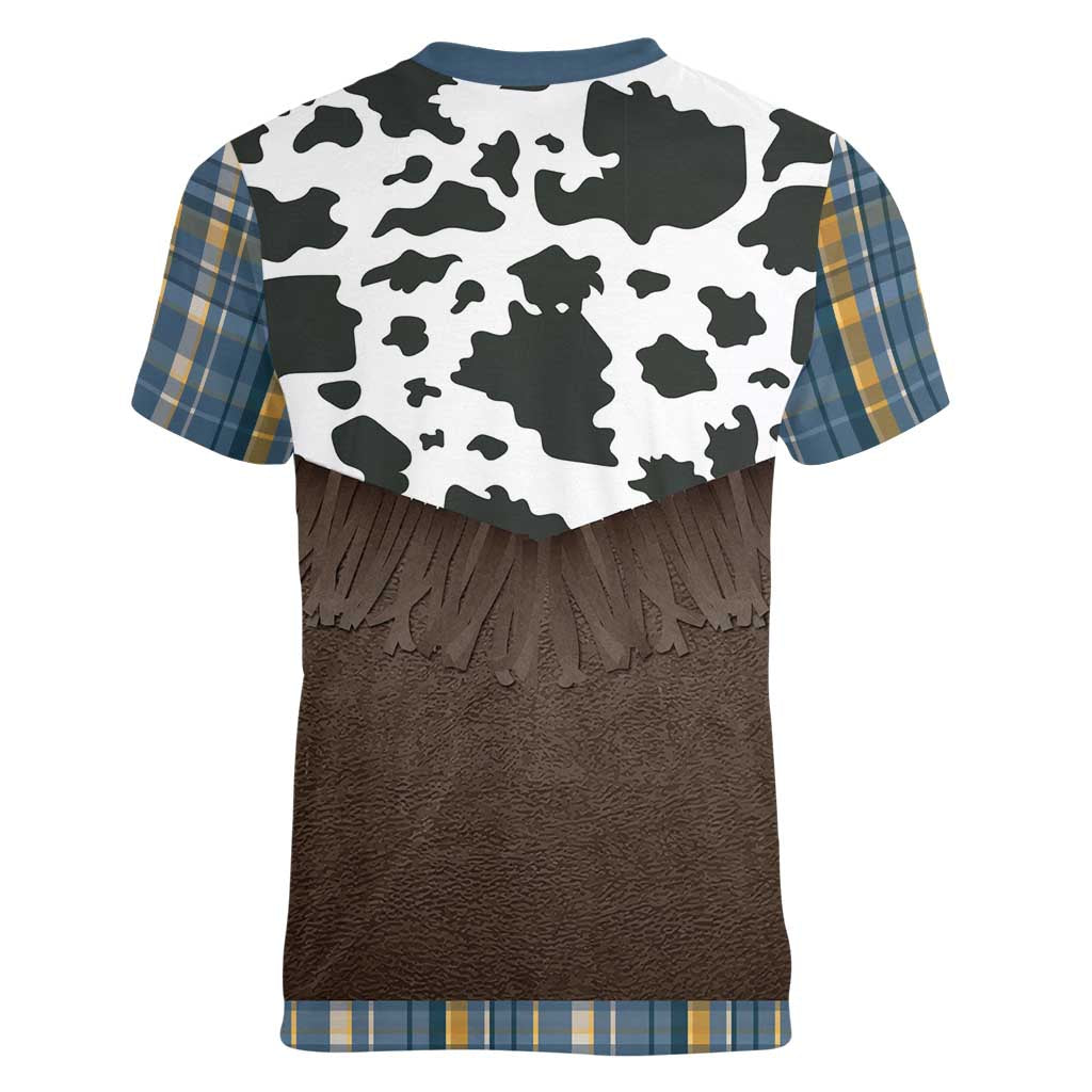 Cowboy Vest Costume Women V-Neck T-Shirt Blue Yellow Plaid Pattern - Wonder Print Shop