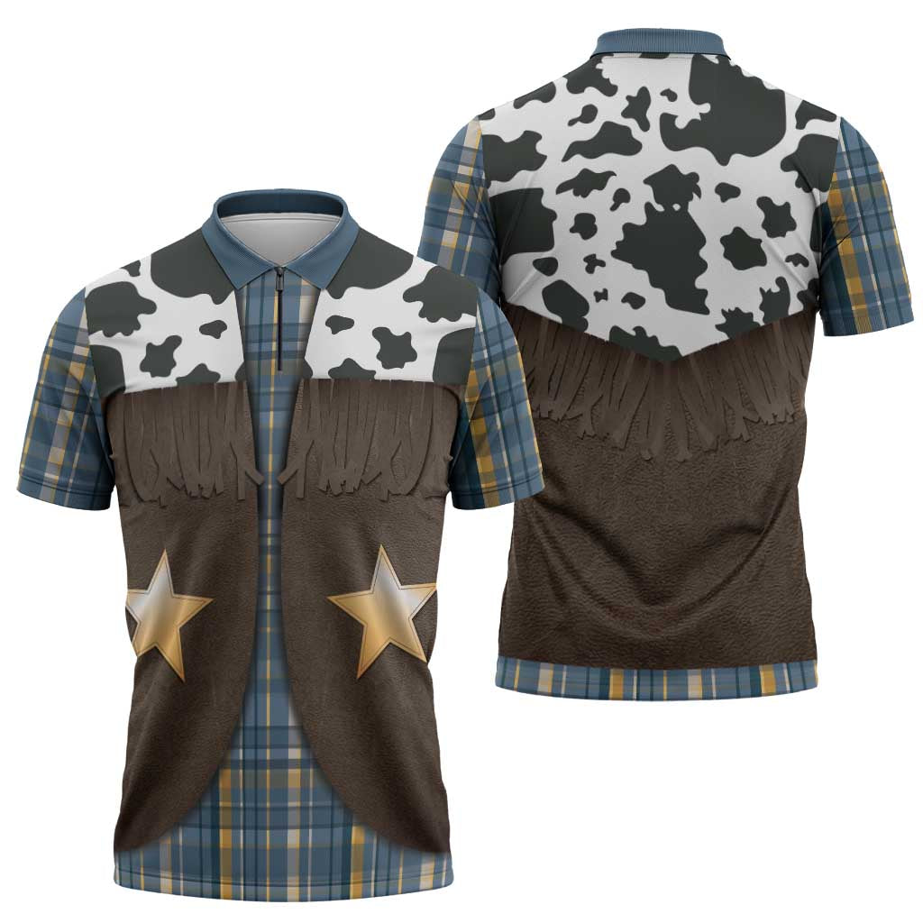 Cowboy Vest Costume Zipper Polo Shirt Blue Yellow Plaid Pattern - Wonder Print Shop