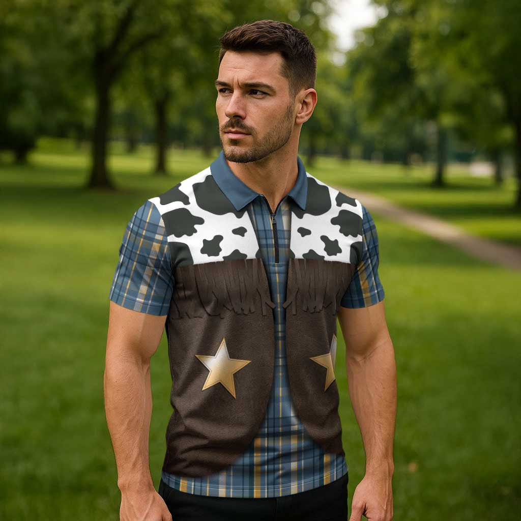 Cowboy Vest Costume Zipper Polo Shirt Blue Yellow Plaid Pattern - Wonder Print Shop