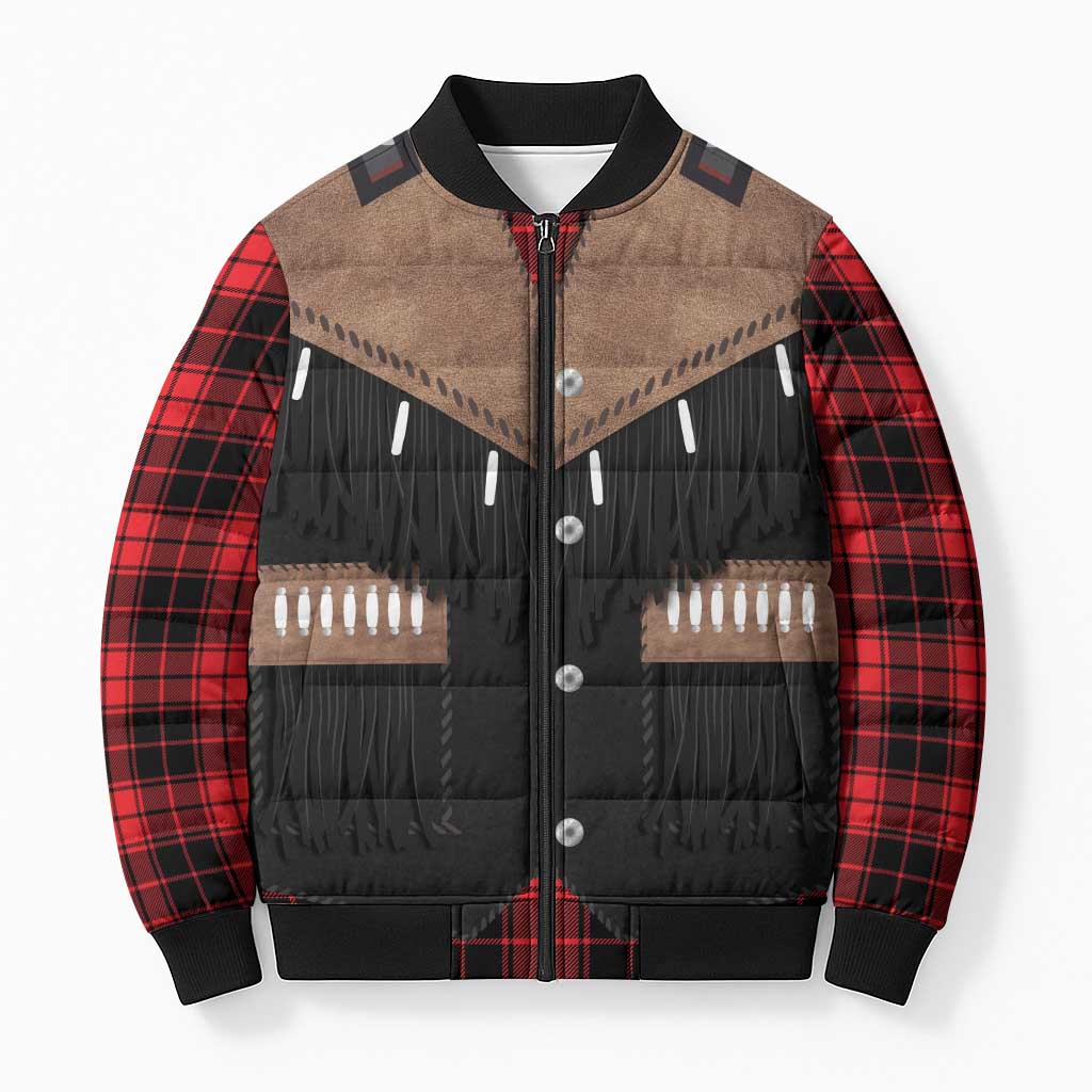 Western Cowboy Vest Style Bomber Puffer Jacket Black Red Plaid Pattern - Wonder Print Shop