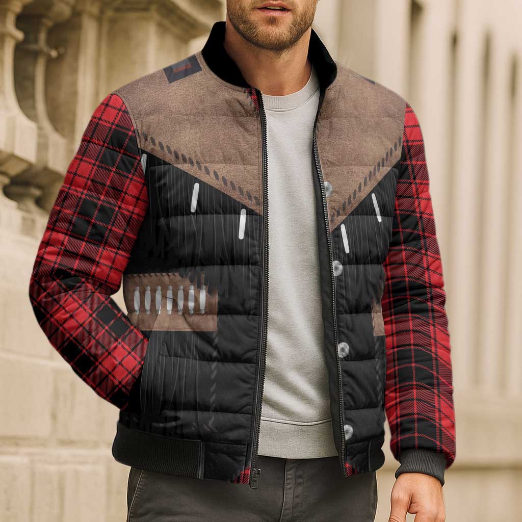 Western Cowboy Vest Style Bomber Puffer Jacket Black Red Plaid Pattern - Wonder Print Shop