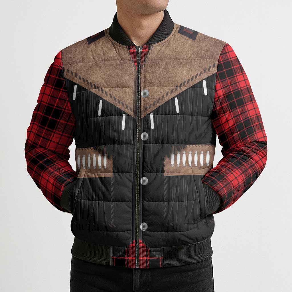 Western Cowboy Vest Style Bomber Puffer Jacket Black Red Plaid Pattern - Wonder Print Shop