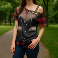 Western Cowboy Vest Style Cross Shoulder Shirt Black Red Plaid Pattern - Wonder Print Shop