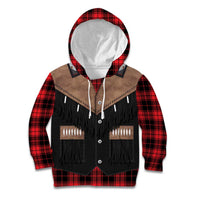 Western Cowboy Vest Style Kid Hoodie Black Red Plaid Pattern - Wonder Print Shop