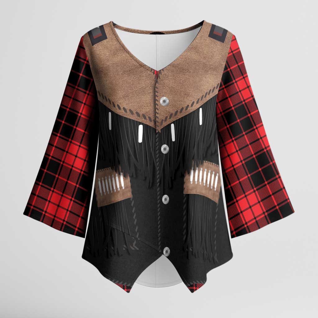 Western Cowboy Vest Style Kimono Sleeve Blouse Black Red Plaid Pattern - Wonder Print Shop