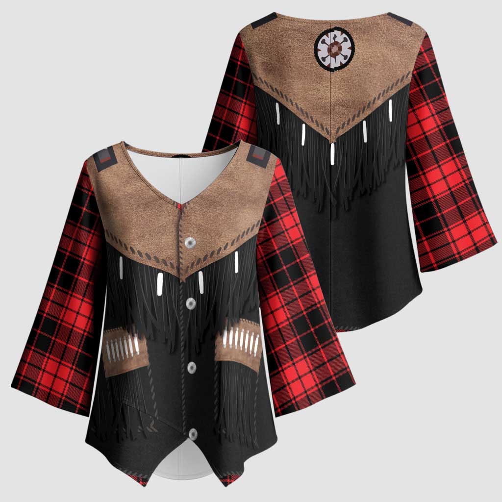 Western Cowboy Vest Style Kimono Sleeve Blouse Black Red Plaid Pattern - Wonder Print Shop