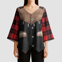 Western Cowboy Vest Style Kimono Sleeve Blouse Black Red Plaid Pattern - Wonder Print Shop