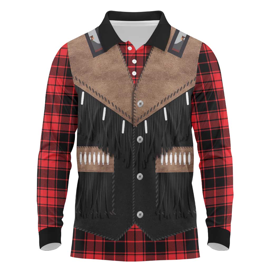 Western Cowboy Vest Style Long Sleeve Polo Shirt Black Red Plaid Pattern - Wonder Print Shop
