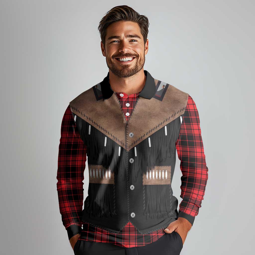 Western Cowboy Vest Style Long Sleeve Polo Shirt Black Red Plaid Pattern - Wonder Print Shop