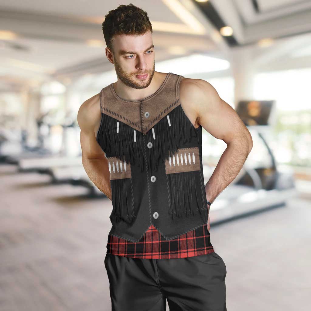 Western Cowboy Vest Style Men Tank Top Black Red Plaid Pattern - Wonder Print Shop