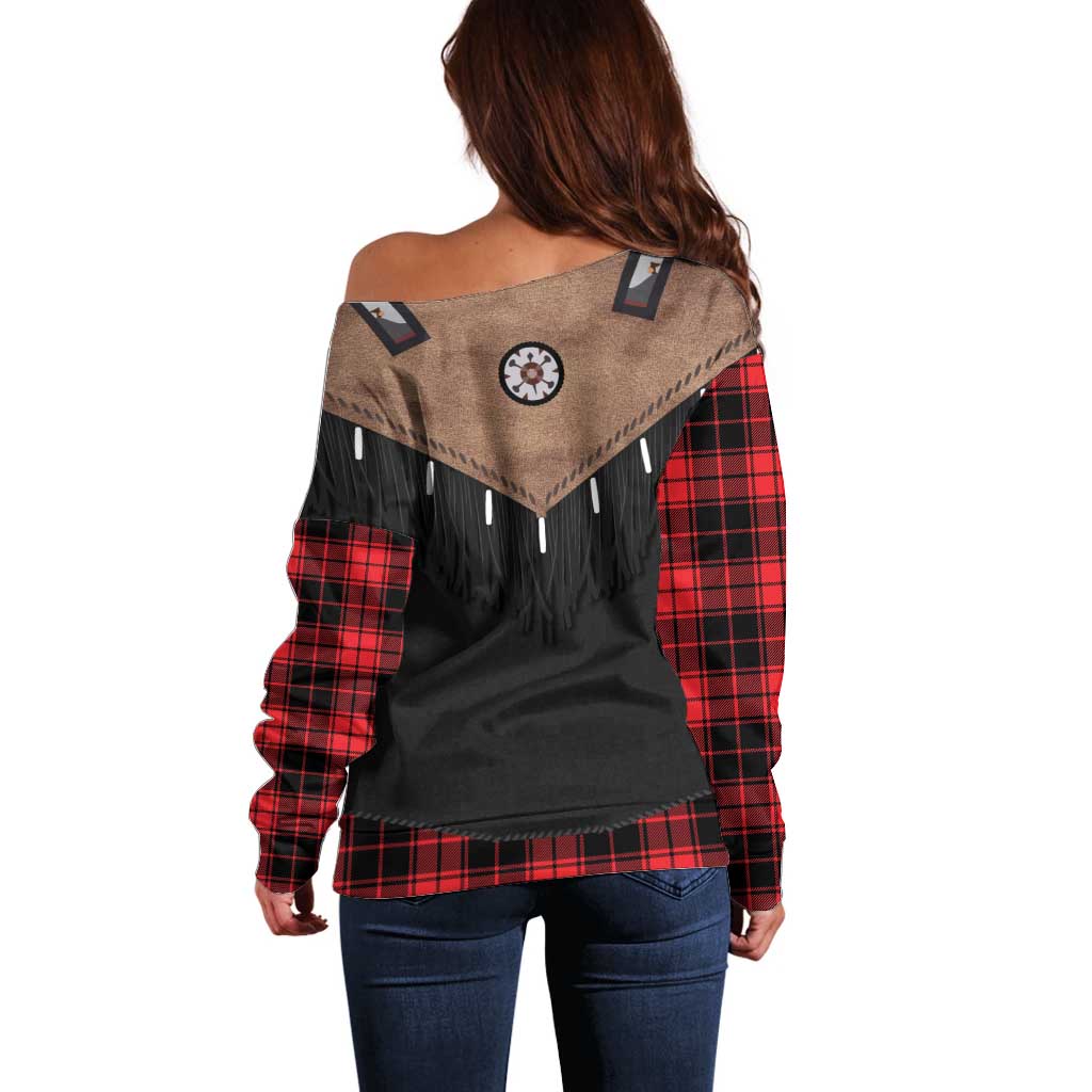 Western Cowboy Vest Style Off Shoulder Sweater Black Red Plaid Pattern - Wonder Print Shop