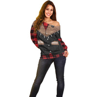 Western Cowboy Vest Style Off Shoulder Sweater Black Red Plaid Pattern - Wonder Print Shop