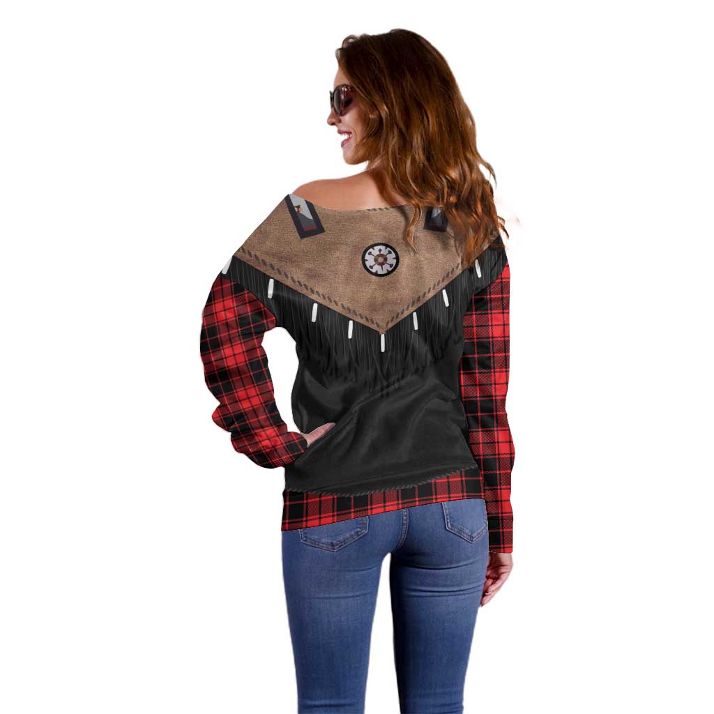 Western Cowboy Vest Style Off Shoulder Sweater Black Red Plaid Pattern - Wonder Print Shop