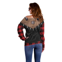 Western Cowboy Vest Style Off Shoulder Sweater Black Red Plaid Pattern - Wonder Print Shop