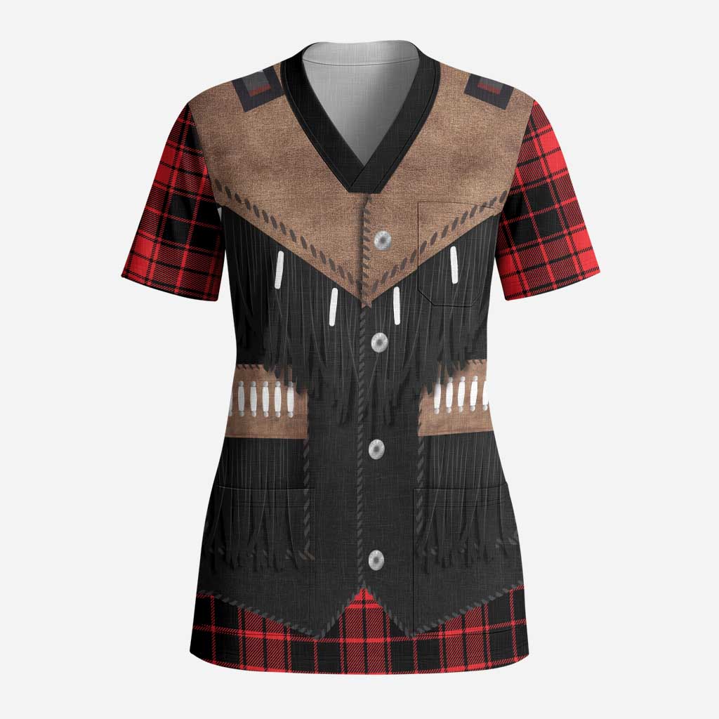 Western Cowboy Vest Style Scrub Top Black Red Plaid Pattern - Wonder Print Shop