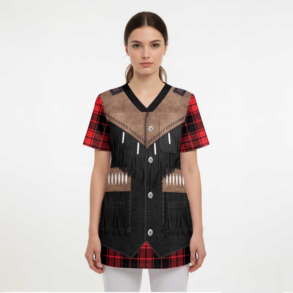 Western Cowboy Vest Style Scrub Top Black Red Plaid Pattern - Wonder Print Shop