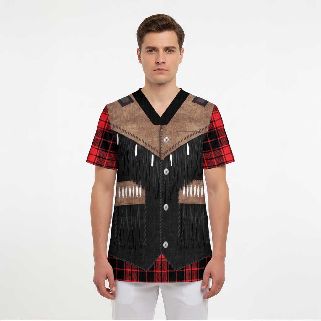 Western Cowboy Vest Style Scrub Top Black Red Plaid Pattern - Wonder Print Shop