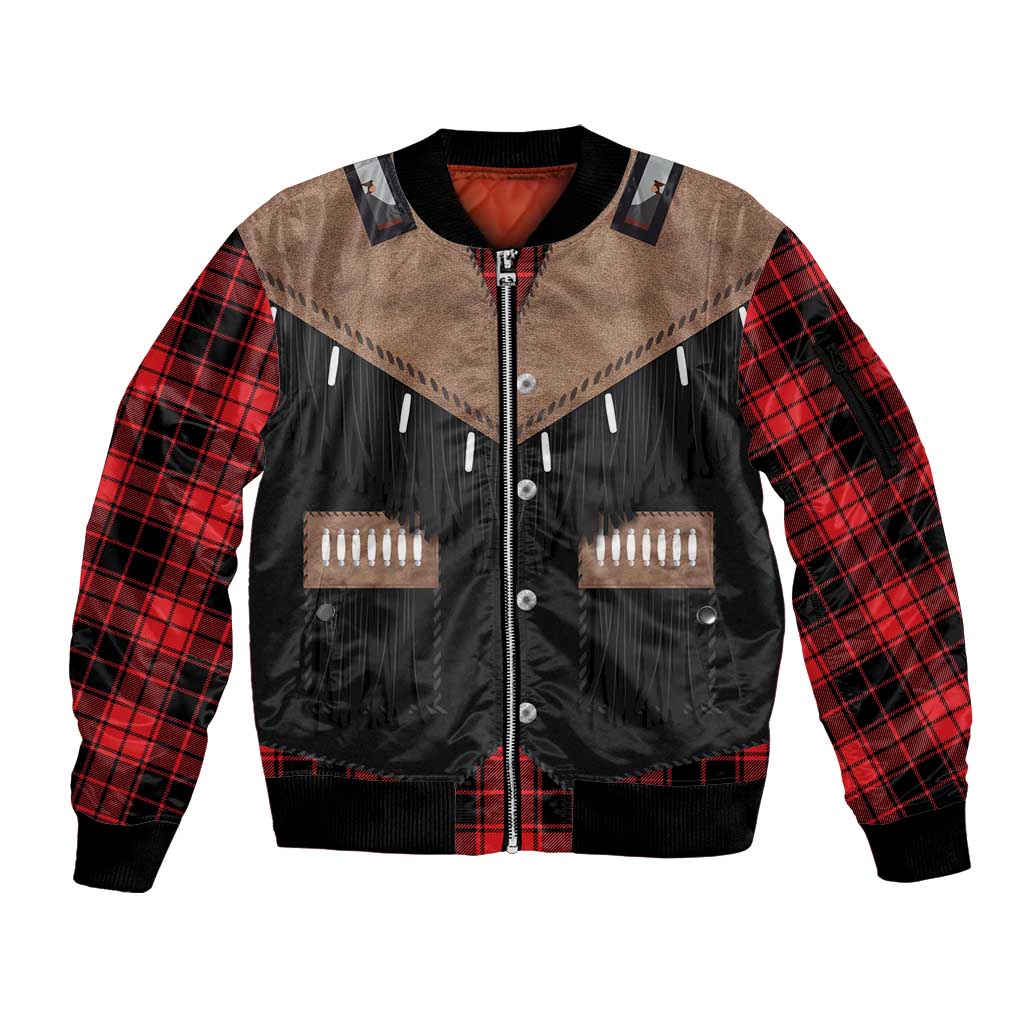Western Cowboy Vest Style Sleeve Zip Bomber Jacket Black Red Plaid Pattern - Wonder Print Shop