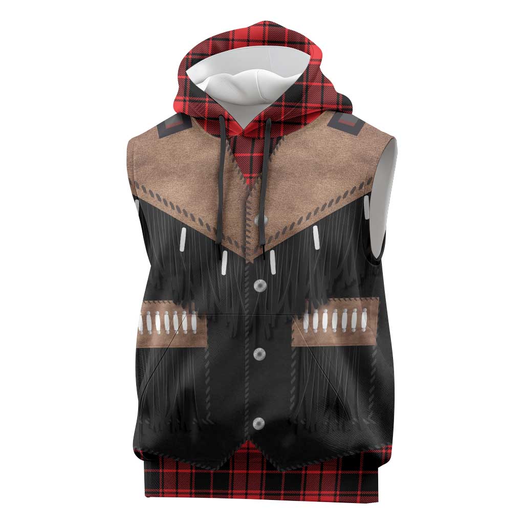 Western Cowboy Vest Style Sleeveless Hoodie Black Red Plaid Pattern - Wonder Print Shop