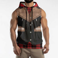 Western Cowboy Vest Style Sleeveless Hoodie Black Red Plaid Pattern - Wonder Print Shop