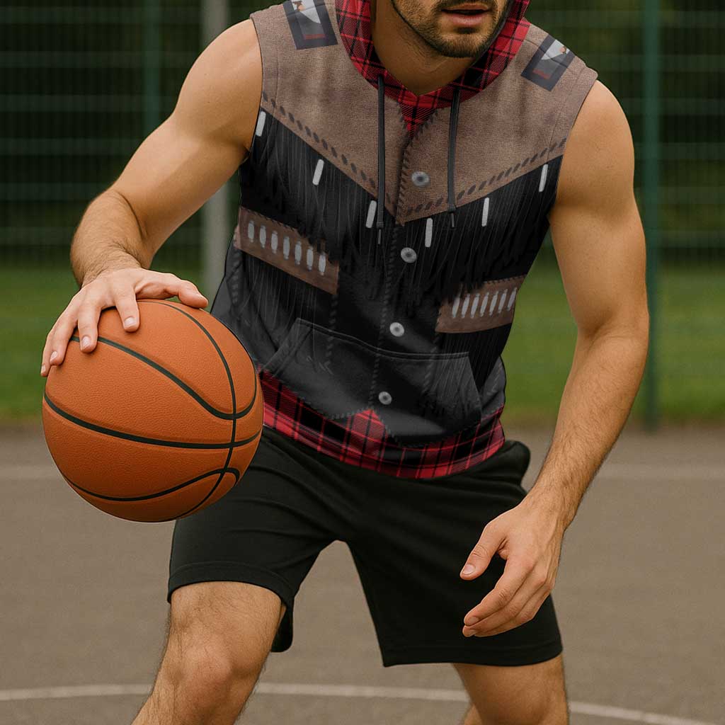 Western Cowboy Vest Style Sleeveless Hoodie Black Red Plaid Pattern - Wonder Print Shop