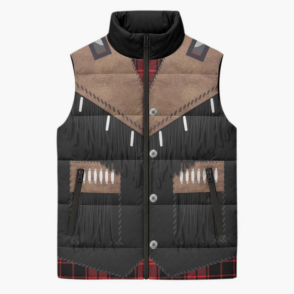 Western Cowboy Vest Style Sleeveless Puffer Jacket Black Red Plaid Pattern - Wonder Print Shop