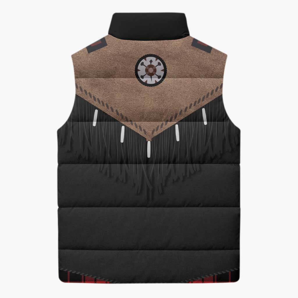 Western Cowboy Vest Style Sleeveless Puffer Jacket Black Red Plaid Pattern - Wonder Print Shop