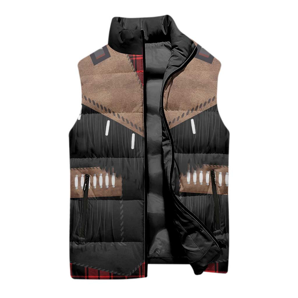 Western Cowboy Vest Style Sleeveless Puffer Jacket Black Red Plaid Pattern - Wonder Print Shop