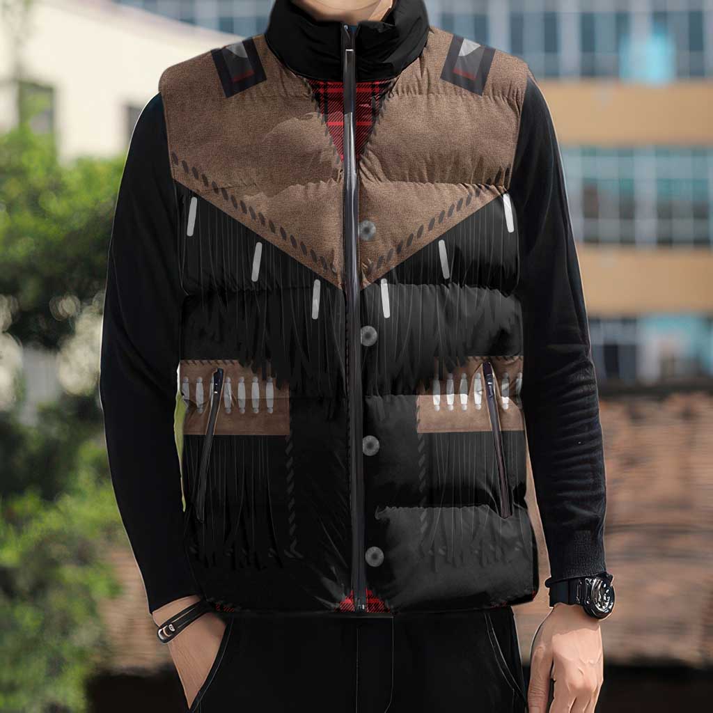 Western Cowboy Vest Style Sleeveless Puffer Jacket Black Red Plaid Pattern - Wonder Print Shop