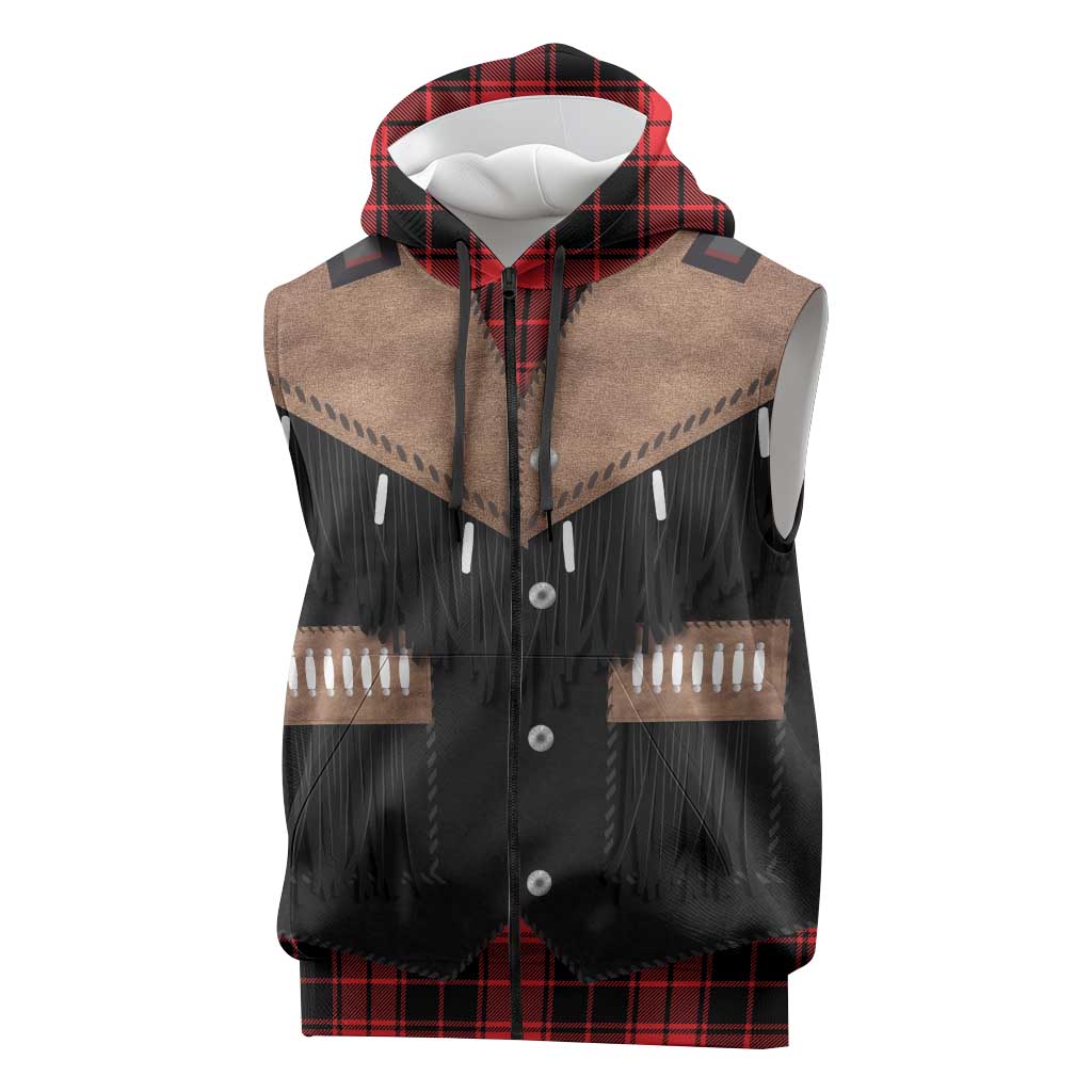 Western Cowboy Vest Style Sleeveless Zip Hoodie Black Red Plaid Pattern - Wonder Print Shop
