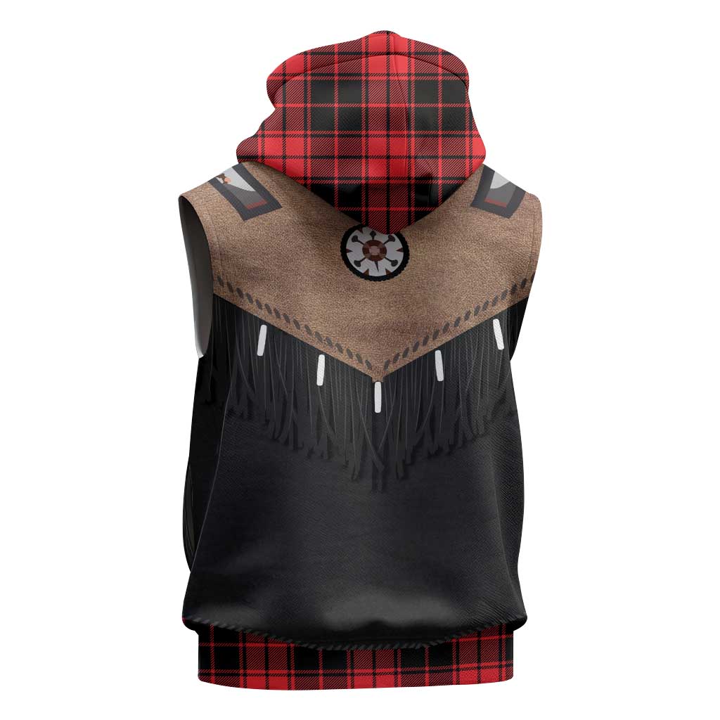 Western Cowboy Vest Style Sleeveless Zip Hoodie Black Red Plaid Pattern - Wonder Print Shop