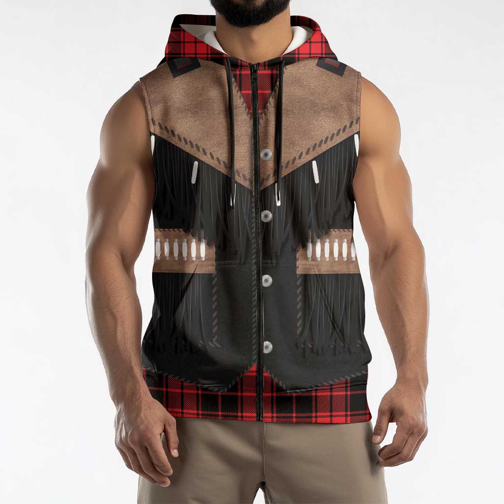 Western Cowboy Vest Style Sleeveless Zip Hoodie Black Red Plaid Pattern - Wonder Print Shop