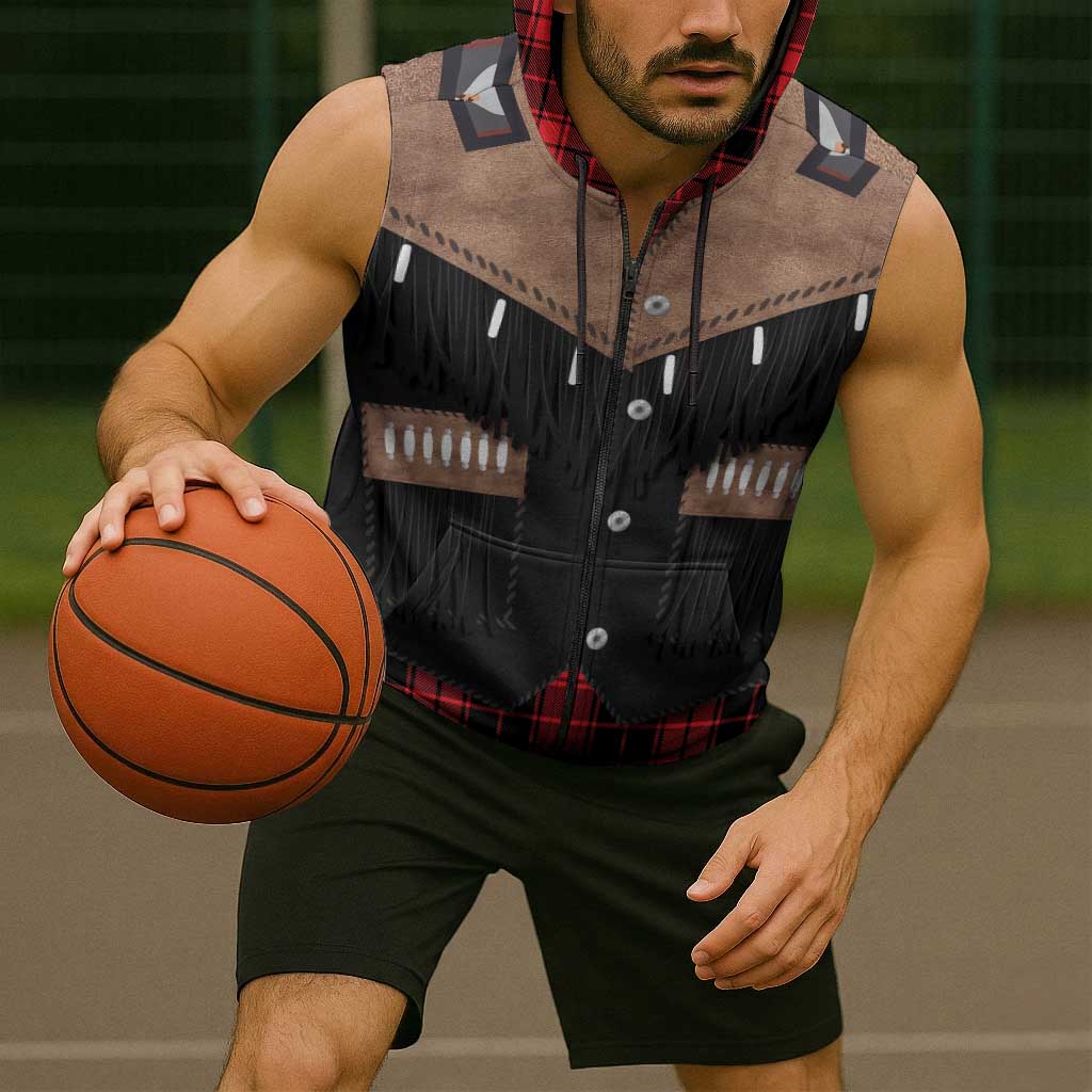 Western Cowboy Vest Style Sleeveless Zip Hoodie Black Red Plaid Pattern - Wonder Print Shop