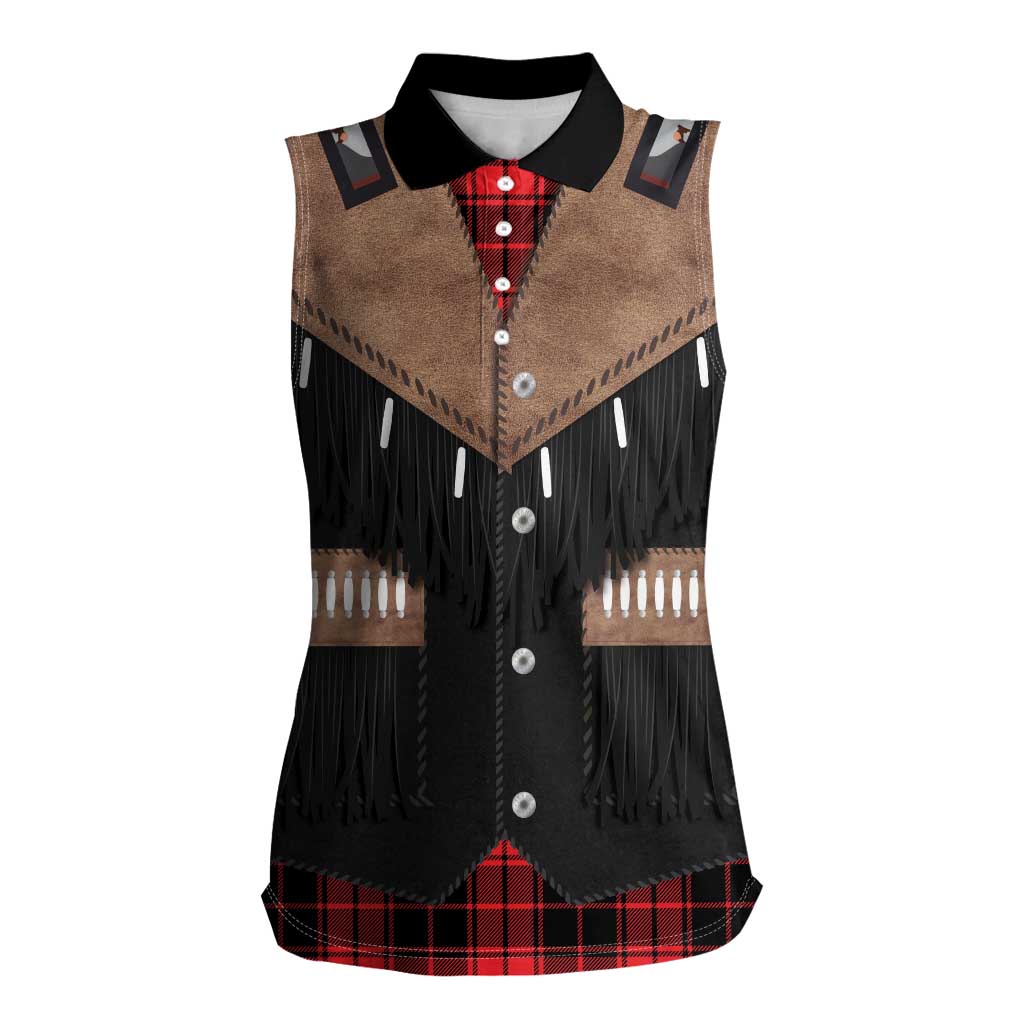 Western Cowboy Vest Style Women Sleeveless Polo Shirt Black Red Plaid Pattern - Wonder Print Shop