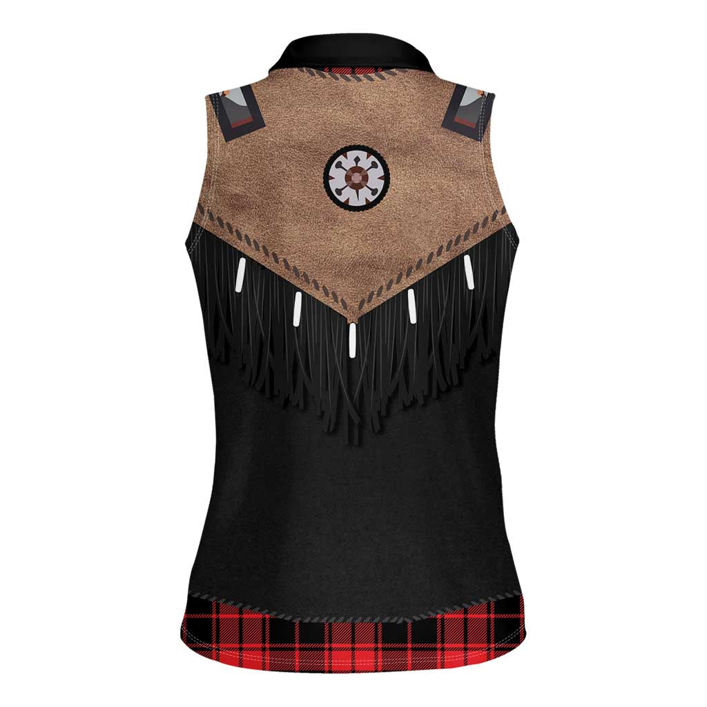 Western Cowboy Vest Style Women Sleeveless Polo Shirt Black Red Plaid Pattern - Wonder Print Shop