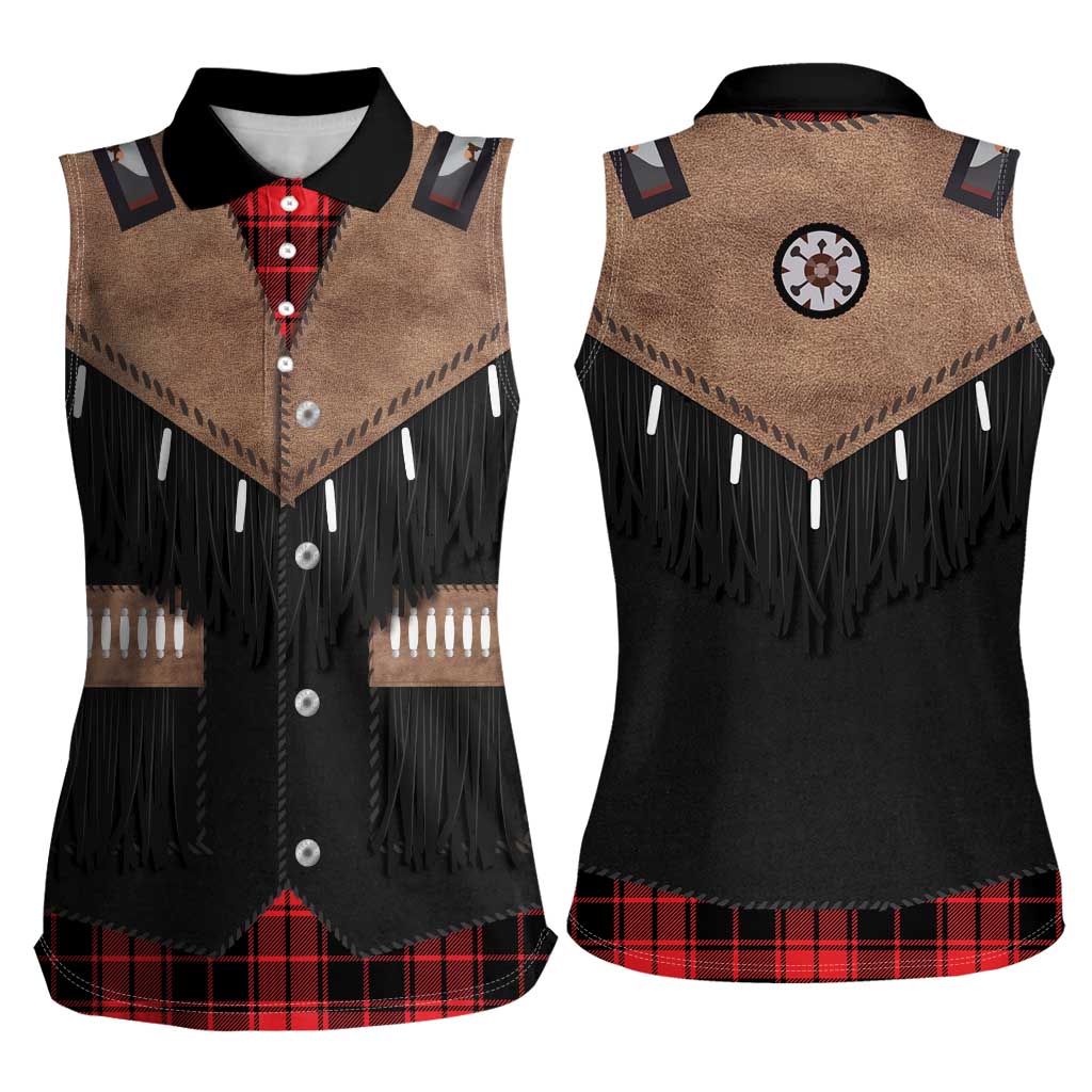 Western Cowboy Vest Style Women Sleeveless Polo Shirt Black Red Plaid Pattern - Wonder Print Shop