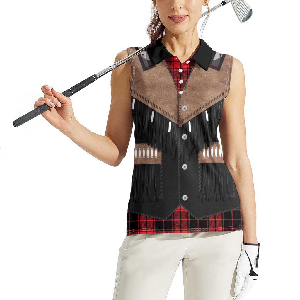 Western Cowboy Vest Style Women Sleeveless Polo Shirt Black Red Plaid Pattern - Wonder Print Shop
