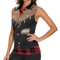 Western Cowboy Vest Style Women Sleeveless Polo Shirt Black Red Plaid Pattern - Wonder Print Shop